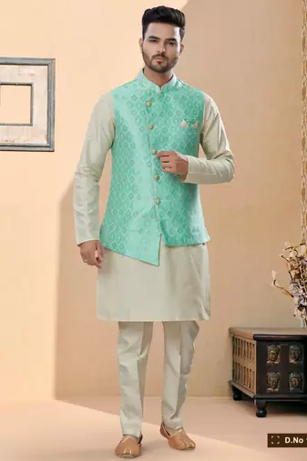 Firozi colour heavy banarasi jacquard jacket kurta pajama set with fancy buttons.
