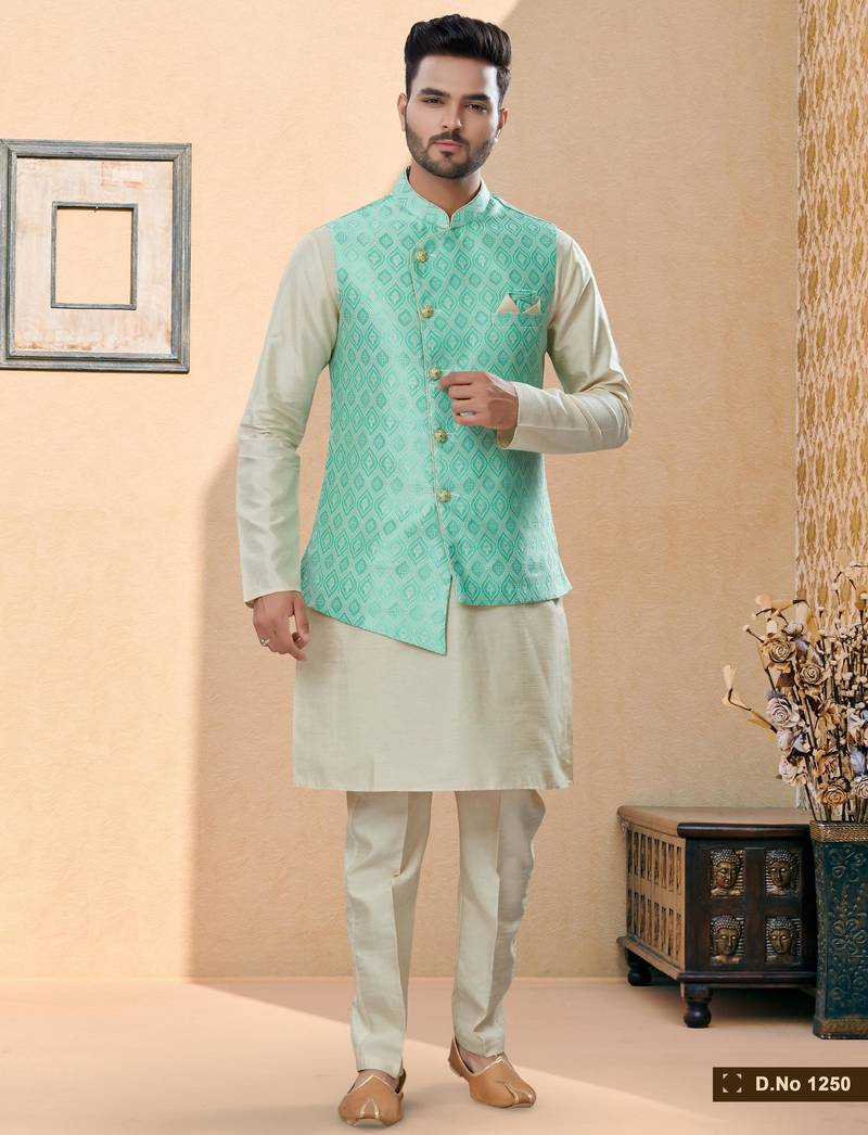 Firozi colour heavy banarasi jacquard jacket kurta pajama set with fancy buttons.