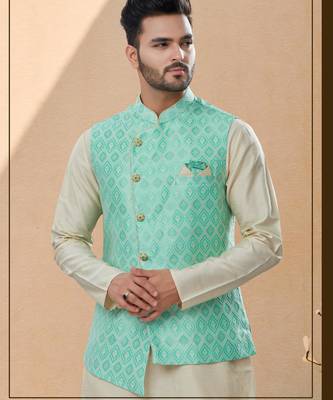 Firozi colour heavy banarasi jacquard jacket kurta pajama set with fancy buttons. 2