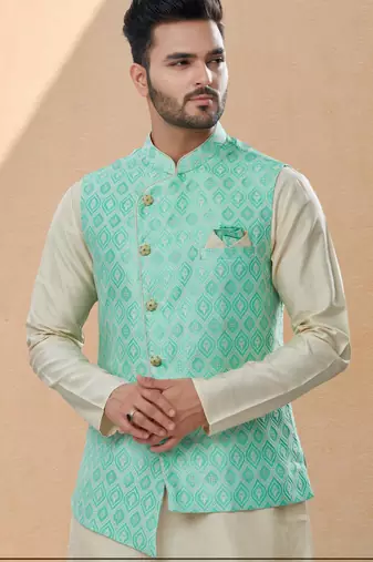 Firozi colour heavy banarasi jacquard jacket kurta pajama set with fancy buttons.