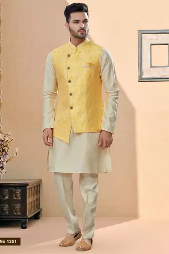 Yellow colour heavy banarasi jacquard jacket kurta pajama set with fancy buttons.