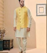 Yellow colour heavy banarasi jacquard jacket kurta pajama set with fancy buttons.