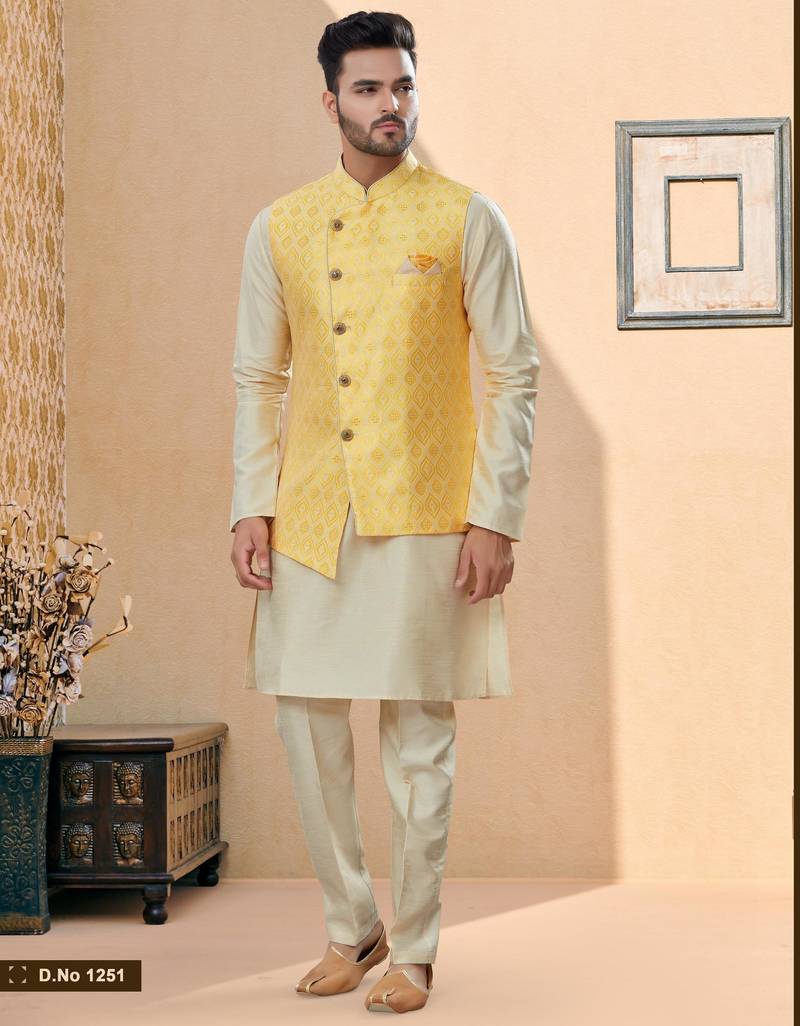 Yellow colour heavy banarasi jacquard jacket kurta pajama set with fancy buttons.