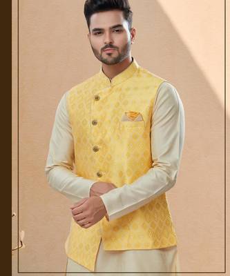 Yellow colour heavy banarasi jacquard jacket kurta pajama set with fancy buttons. 2