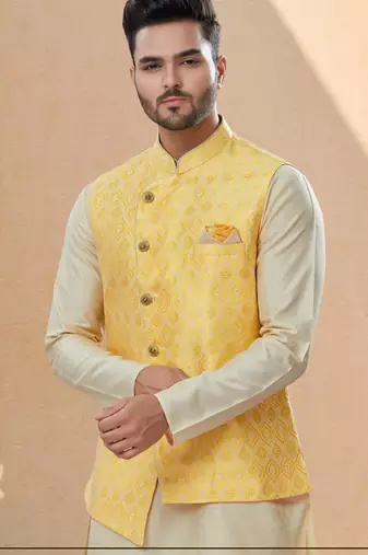 Yellow colour heavy banarasi jacquard jacket kurta pajama set with fancy buttons.