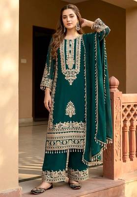 Green heavy faux georgette party wear embroidery suit set 1