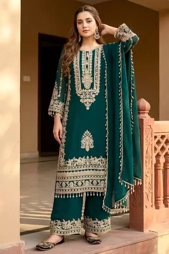 Green heavy faux georgette party wear embroidery suit set