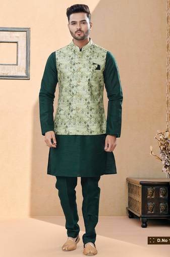 Sea green jacquard digital print jacket kurta pajama set with fancy buttons.