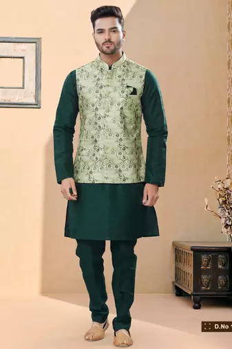 Sea green jacquard digital print jacket kurta pajama set with fancy buttons.