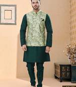 Sea green jacquard digital print jacket kurta pajama set with fancy buttons.