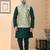 Sea green jacquard digital print jacket kurta pajama set with fancy buttons.