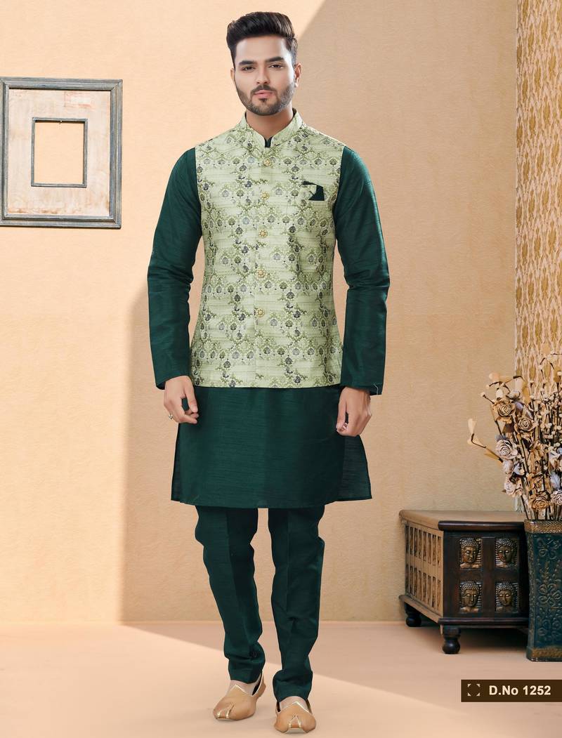 Sea green jacquard digital print jacket kurta pajama set with fancy buttons.