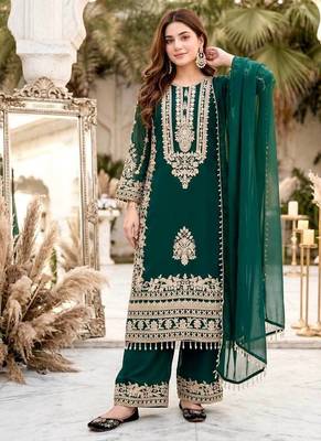 Green heavy faux georgette party wear embroidery suit set 2