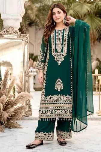 Green heavy faux georgette party wear embroidery suit set