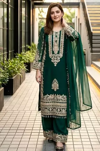 Green heavy faux georgette party wear embroidery suit set