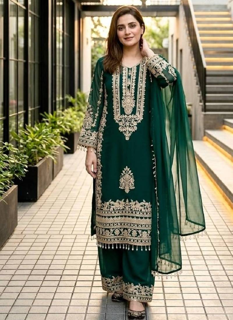 Green heavy faux georgette party wear embroidery suit set