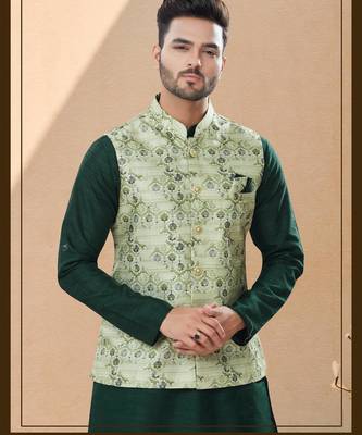 Sea green jacquard digital print jacket kurta pajama set with fancy buttons. 2