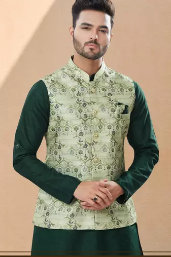 Sea green jacquard digital print jacket kurta pajama set with fancy buttons.