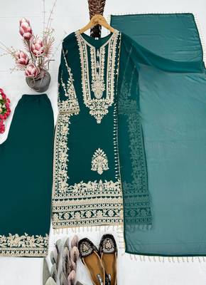 Green heavy faux georgette party wear embroidery suit set 4