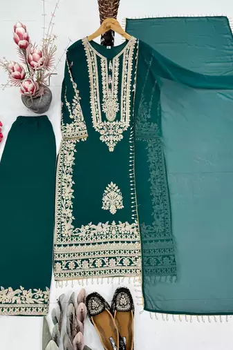 Green heavy faux georgette party wear embroidery suit set