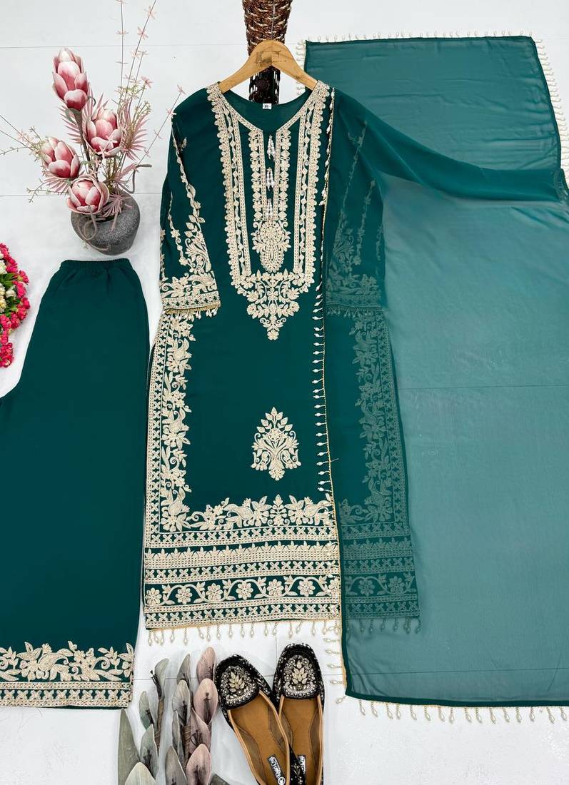 Green heavy faux georgette party wear embroidery suit set