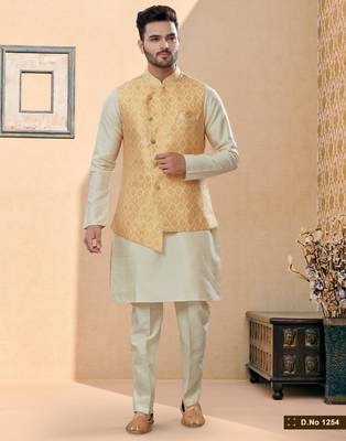 Lemon jacquard digital print jacket kurta pajama set with fancy buttons. 1