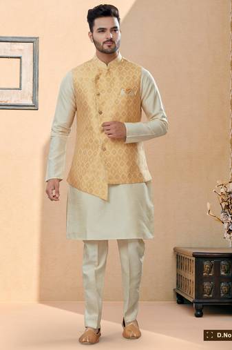 Lemon jacquard digital print jacket kurta pajama set with fancy buttons.