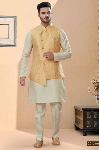 Lemon jacquard digital print jacket kurta pajama set with fancy buttons.