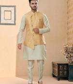 Lemon jacquard digital print jacket kurta pajama set with fancy buttons.