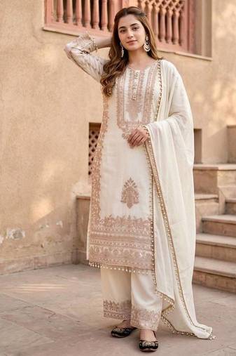 White heavy faux georgette party wear embroidery suit set