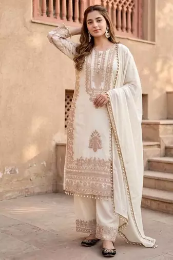 White heavy faux georgette party wear embroidery suit set