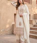 White heavy faux georgette party wear embroidery suit set
