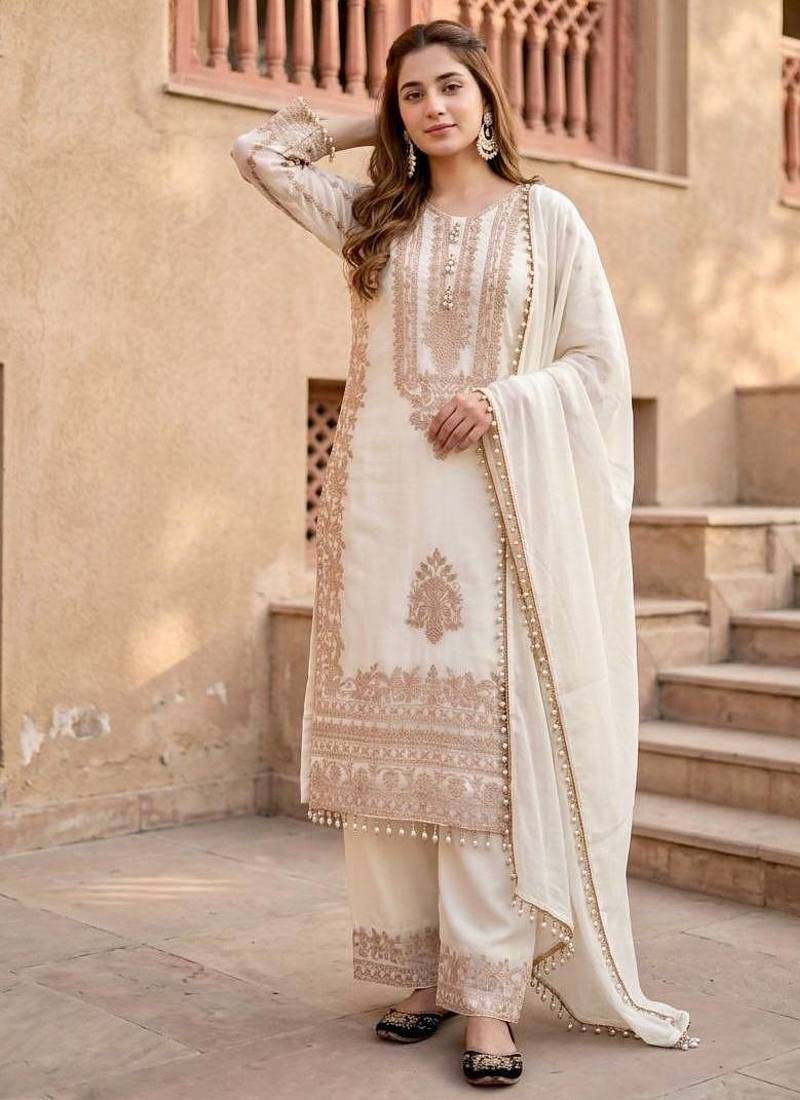 White heavy faux georgette party wear embroidery suit set