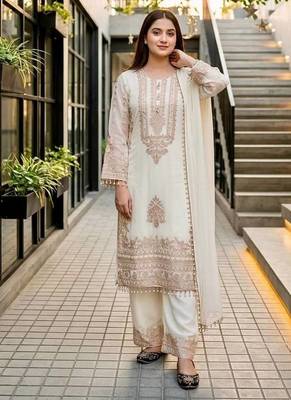 White heavy faux georgette party wear embroidery suit set 2