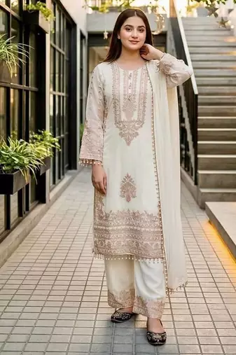 White heavy faux georgette party wear embroidery suit set