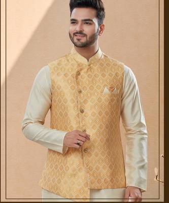 Lemon jacquard digital print jacket kurta pajama set with fancy buttons. 2