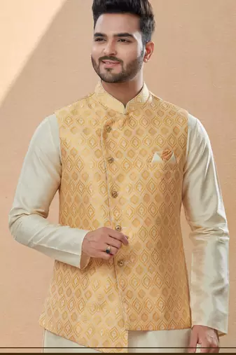 Lemon jacquard digital print jacket kurta pajama set with fancy buttons.