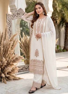 White heavy faux georgette party wear embroidery suit set 3