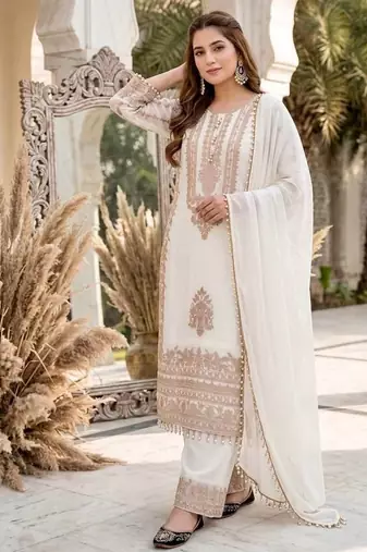 White heavy faux georgette party wear embroidery suit set