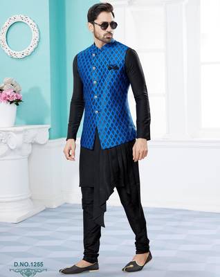 Royal blue & black heavy banarasi jacquard jacket kurta pajama set with fancy buttons. 1