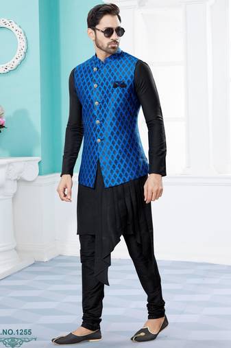 Royal blue & black heavy banarasi jacquard jacket kurta pajama set with fancy buttons.