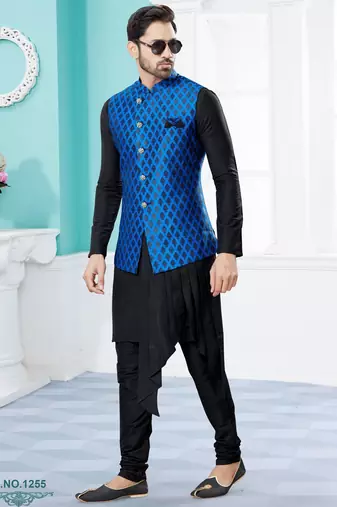 Royal blue & black heavy banarasi jacquard jacket kurta pajama set with fancy buttons.
