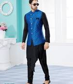 Royal blue & black heavy banarasi jacquard jacket kurta pajama set with fancy buttons.