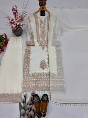 White heavy faux georgette party wear embroidery suit set 4