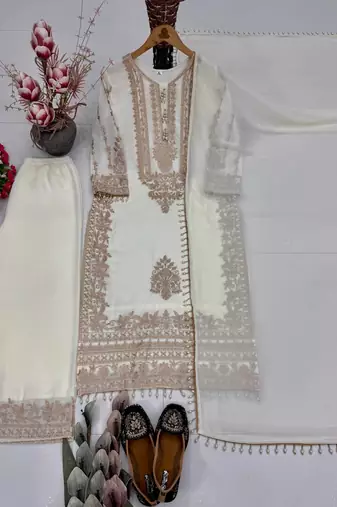 White heavy faux georgette party wear embroidery suit set