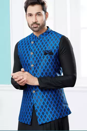 Royal blue & black heavy banarasi jacquard jacket kurta pajama set with fancy buttons.