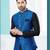Royal blue & black heavy banarasi jacquard jacket kurta pajama set with fancy buttons.