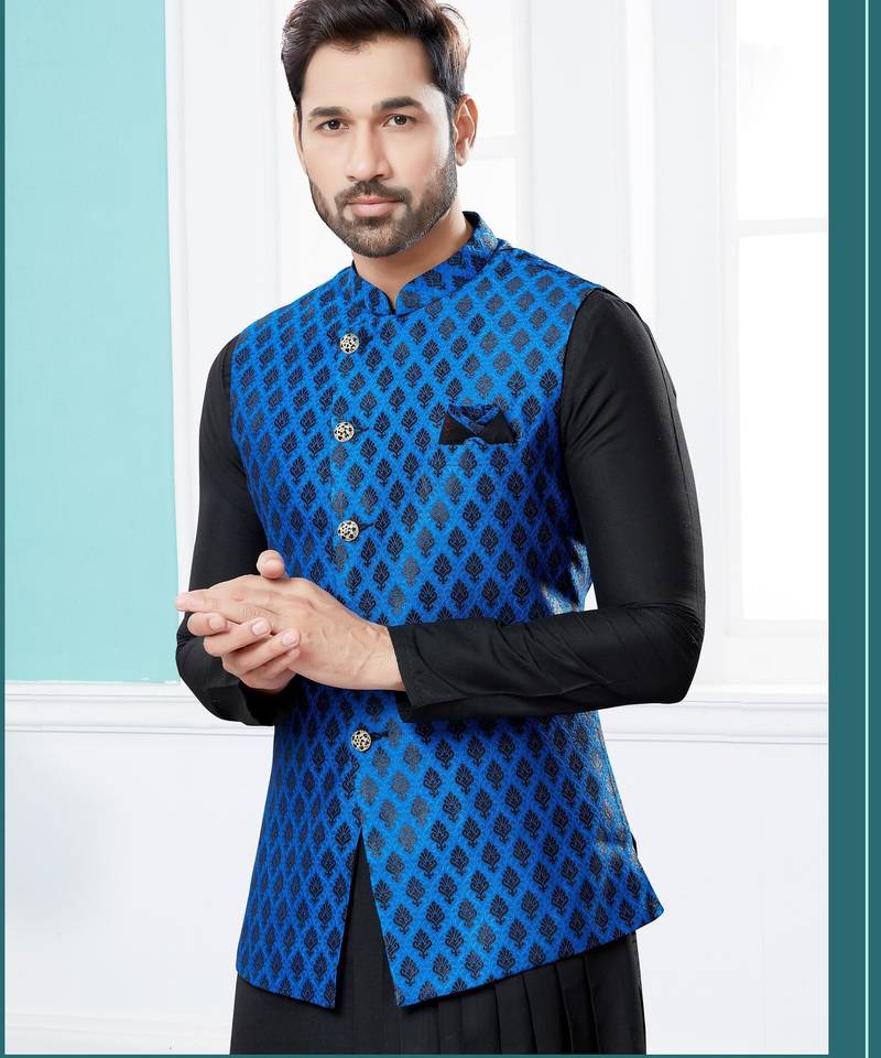 Royal blue & black heavy banarasi jacquard jacket kurta pajama set with fancy buttons.