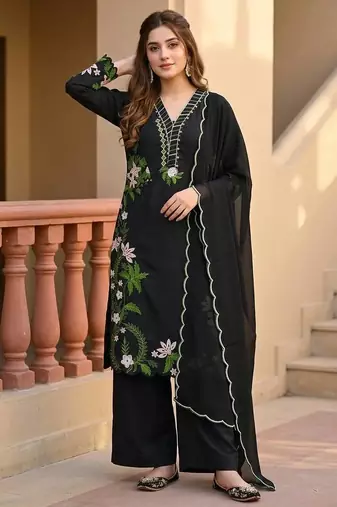 Black heavy roman silk party wear embroidery suit set