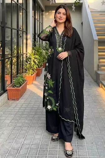 Black heavy roman silk party wear embroidery suit set